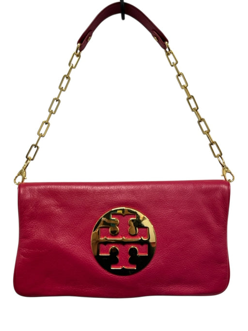 Tory Burch Hot Pink & Gold Pebble Leather Magnetic  Flap Logo Shoulder Bag Hot Pink & Gold / S