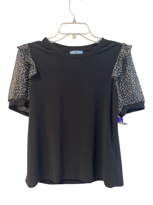 CeCe Size S Black Polyester Round Neck Sheer Puff Sleeve Ruffle Detail Top Black / S