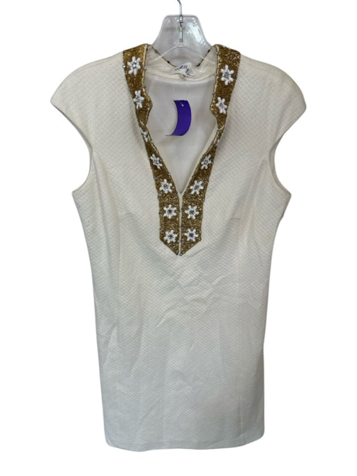 Milly of New York Size M White & Gold Cotton Flower Detail Side Zip Mini Dress White & Gold / M