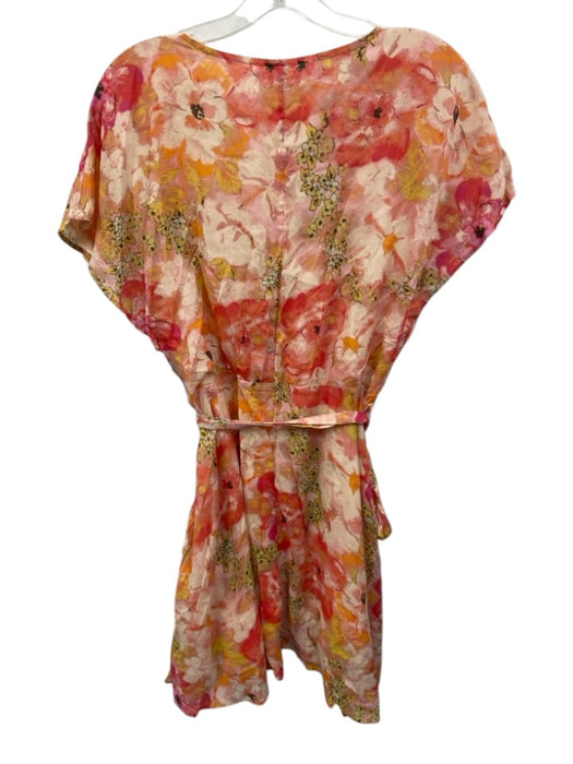 Free People Size L Pink, Orange, Red Modal V Neck sash tie Floral design Dress Pink, Orange, Red / L
