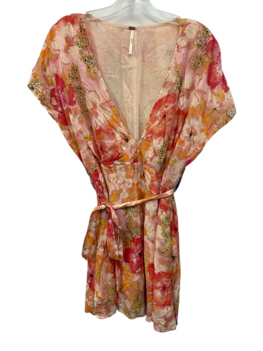 Free People Size L Pink, Orange, Red Modal V Neck sash tie Floral design Dress Pink, Orange, Red / L