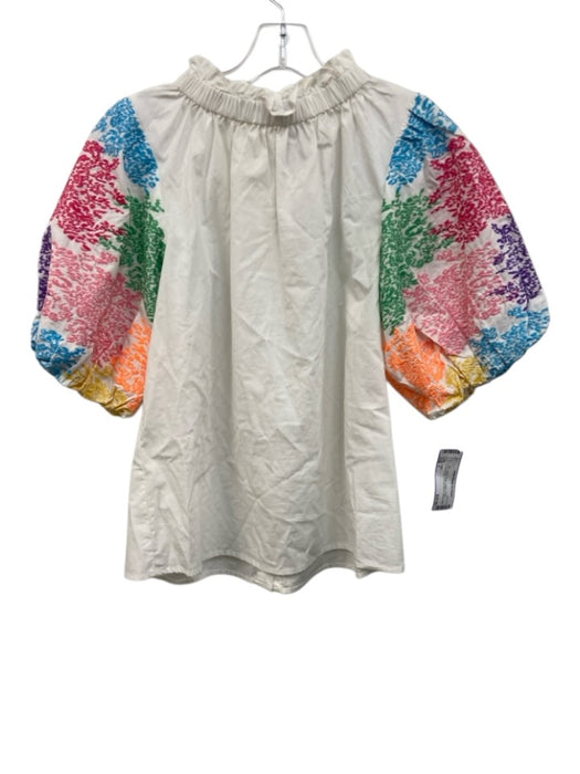 THML Size S White & Multi Cotton Floral Embroidered 1/2 Puff Sleeve Top White & Multi / S