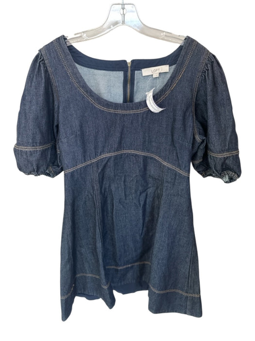 Loft Size 10 Dark Blue Cotton Blend Denim Puff Sleeve Back Zip Mini Dress Dark Blue / 10