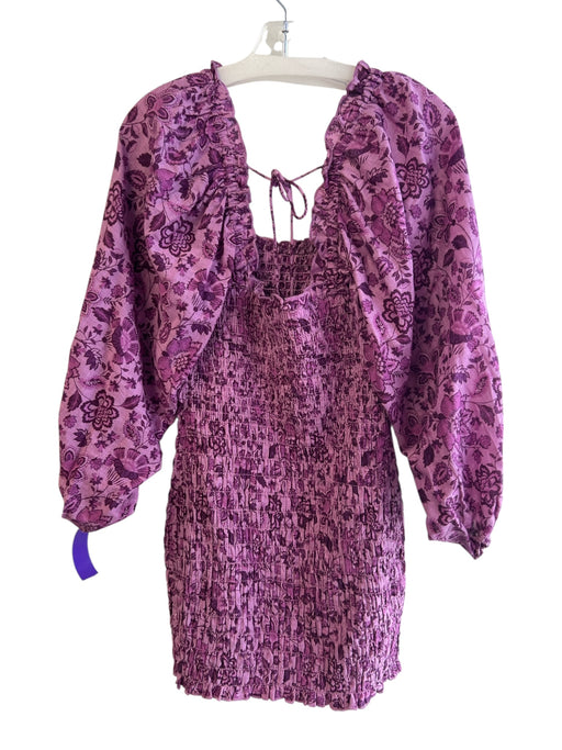 Free People Size S Purple Cotton Balloon Sleeve Floral Shirred Above Knee Dress Purple / S