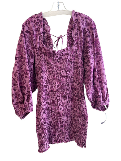 Free People Size S Purple Cotton Balloon Sleeve Floral Shirred Above Knee Dress Purple / S