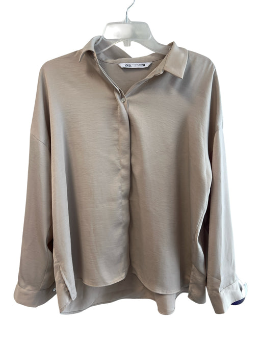 Zara Size Medium Taupe Polyester Blend Button Down Collared Long Sleeve Top Taupe / Medium