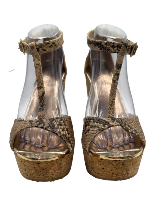 Jimmy Choo Shoe Size 39 Brown Leather Upper Snake Print T Strap Wedge Sandals Brown / 39