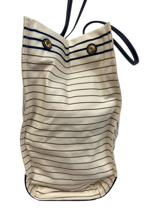 Tory Burch Cream, Navy & Black Leather Trim Canvas Striped Logo Tote Bag Cream, Navy & Black / Large