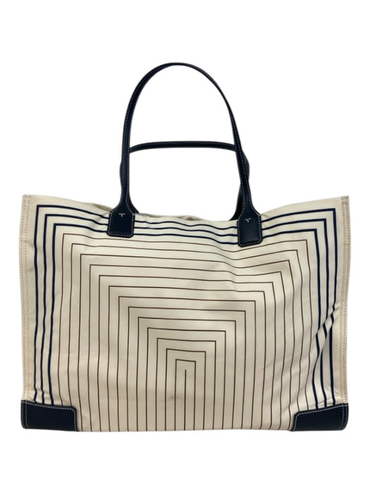Tory Burch Cream, Navy & Black Leather Trim Canvas Striped Logo Tote Bag Cream, Navy & Black / Large