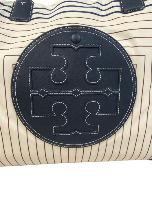 Tory Burch Cream, Navy & Black Leather Trim Canvas Striped Logo Tote Bag Cream, Navy & Black / Large