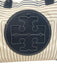 Tory Burch Cream, Navy & Black Leather Trim Canvas Striped Logo Tote Bag Cream, Navy & Black / Large