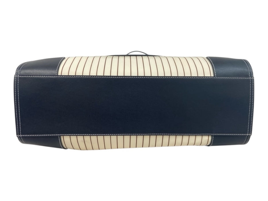 Tory Burch Cream, Navy & Black Leather Trim Canvas Striped Logo Tote Bag Cream, Navy & Black / Large