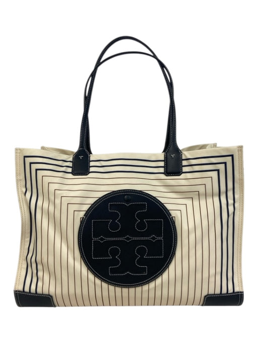 Tory Burch Cream, Navy & Black Leather Trim Canvas Striped Logo Tote Bag Cream, Navy & Black / Large