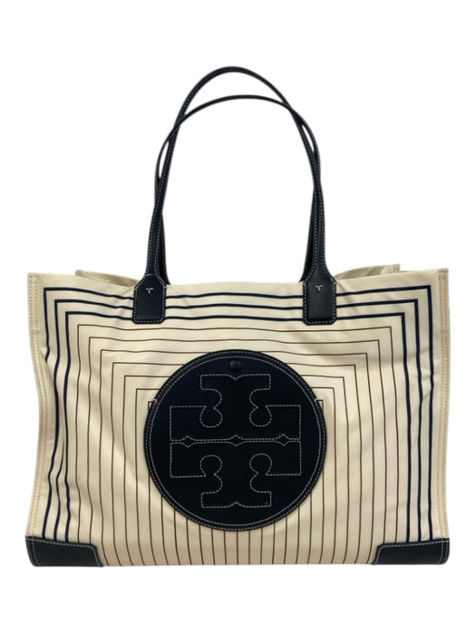 Tory Burch Cream, Navy & Black Leather Trim Canvas Striped Logo Tote Bag Cream, Navy & Black / Large