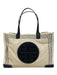 Tory Burch Cream, Navy & Black Leather Trim Canvas Striped Logo Tote Bag Cream, Navy & Black / Large