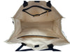 Tory Burch Cream, Navy & Black Leather Trim Canvas Striped Logo Tote Bag Cream, Navy & Black / Large