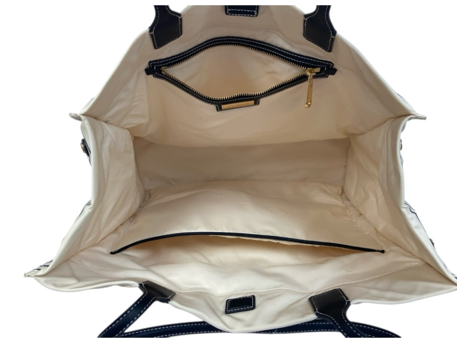 Tory Burch Cream, Navy & Black Leather Trim Canvas Striped Logo Tote Bag Cream, Navy & Black / Large
