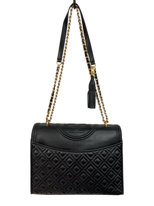 Tory Burch Black & Gold Leather Quilted Logo Magnetic Close Crossbody Bag Black & Gold / Medium