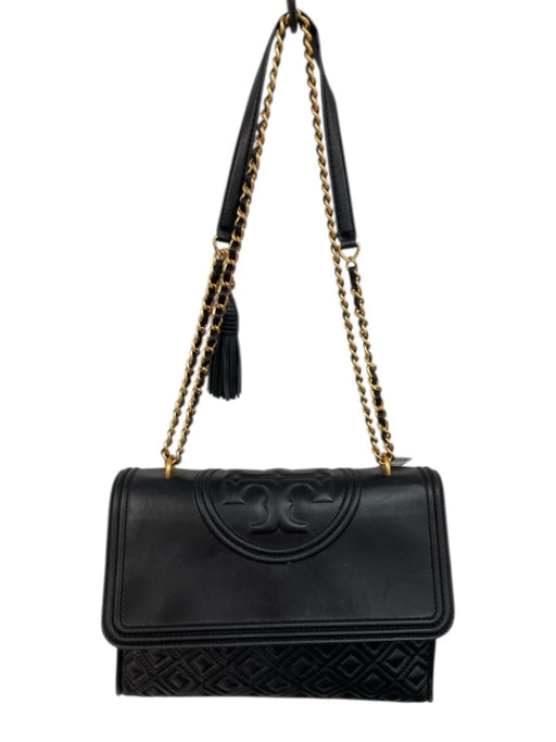 Tory Burch Black & Gold Leather Quilted Logo Magnetic Close Crossbody Bag Black & Gold / Medium