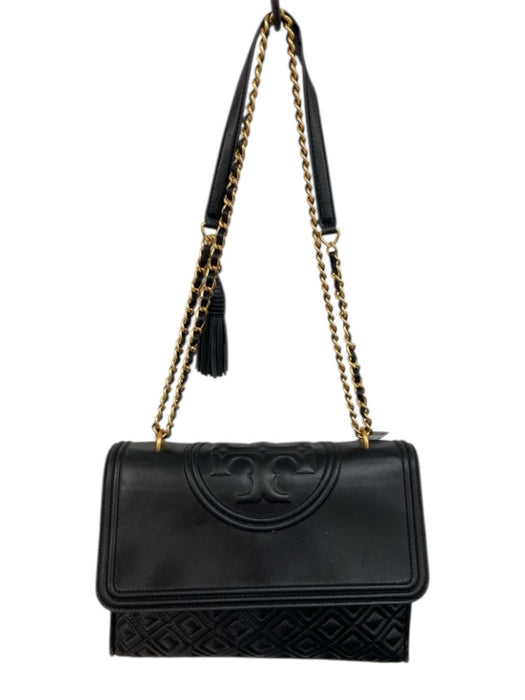 Tory Burch Black & Gold Leather Quilted Logo Magnetic Close Crossbody Bag Black & Gold / Medium