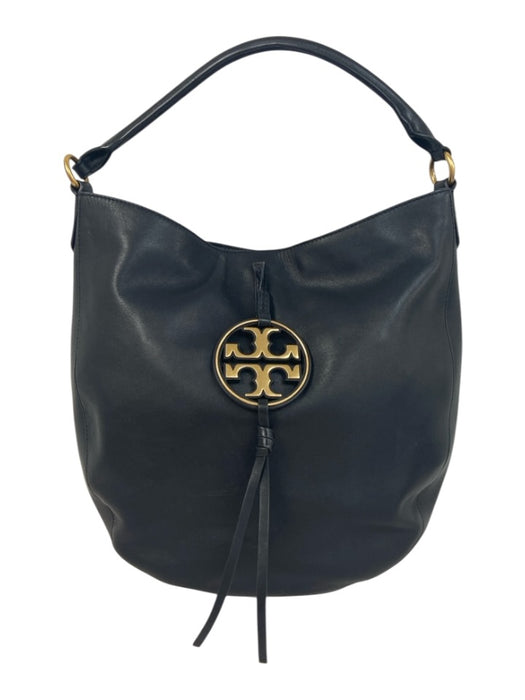 Tory Burch Black & Gold Leather Shoulder Bag Gold Hardware Logo Hobo Bag Black & Gold / Large