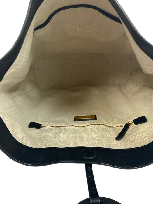 Tory Burch Black & Gold Leather Shoulder Bag Gold Hardware Logo Hobo Bag Black & Gold / Large