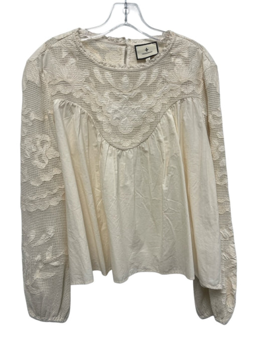 Tuckernuck Size L Cream Cotton Lace Detail Gathered Detail Balloon Sleeve Top Cream / L