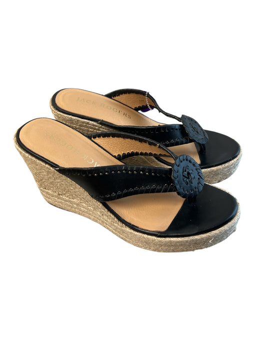 Jack Rogers Shoe Size 6.5 Black Leather Open Toe & Heel Thong Slide Shoes Black / 6.5