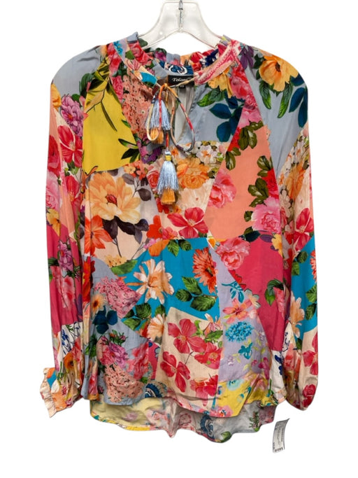 Tolani Size XS blue, pink, multi Cupro Long Sleeve Floral Tie Neck Top blue, pink, multi / XS