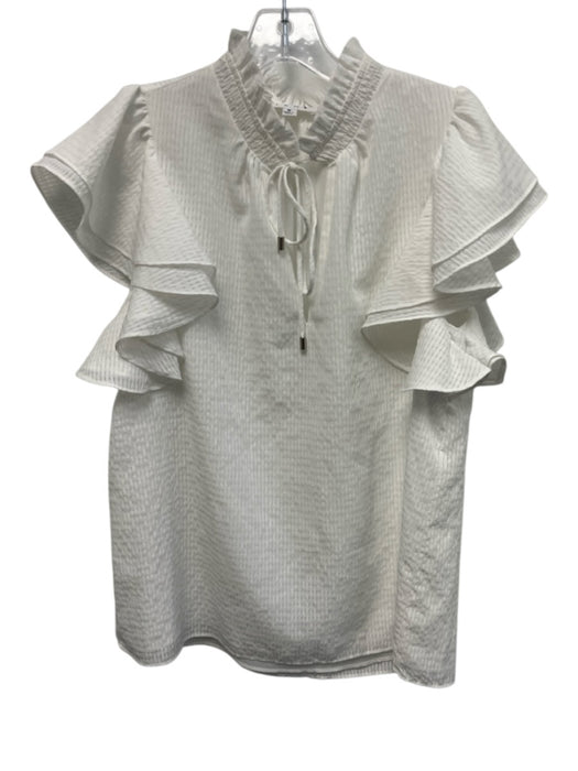 THML Size M White Polyester Flutter Cap sleeve Semi Sheer Overlay Tie Neck Top White / M
