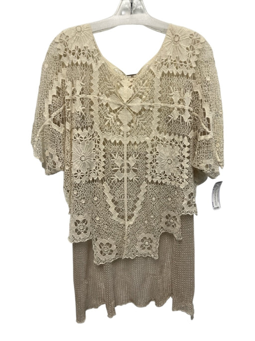 Free People Size S Cream White Cotton Half Sleeve Floral Crochet Oversize Top Cream White / S