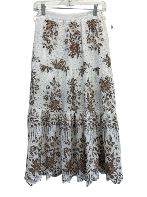 Baraka & Ziggy Size Est S White & Brown Cotton Elastic Waist Floral eyelet Skirt White & Brown / Est S
