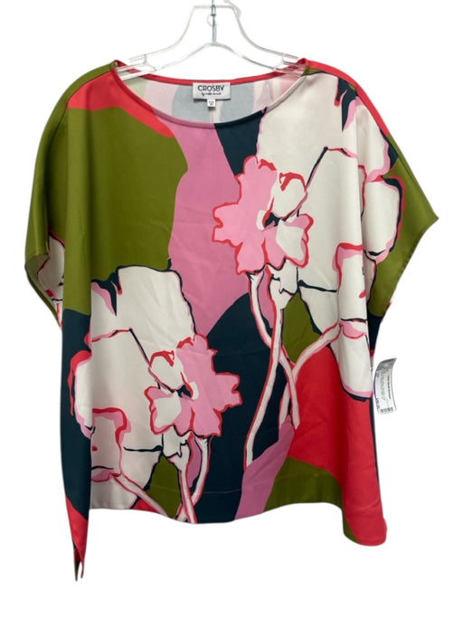 Crosby Size XS Pink, Green, White Polyester Cap Sleeve Abstract Floral Top Pink, Green, White / XS