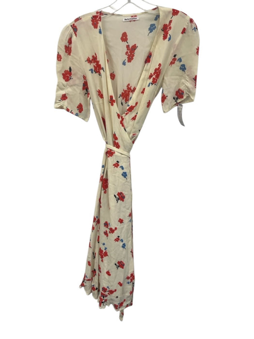 Reformation Size S White & Multi Viscose Short Sleeve Floral Wrap Dress White & Multi / S