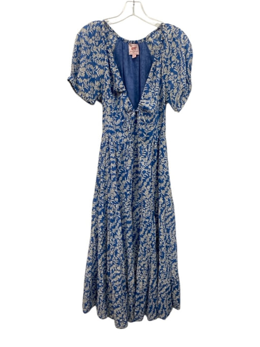 Banjanan Size XS Blue & White Cotton Short Sleeve Floral Scoop Neck Midi Dress Blue & White / XS