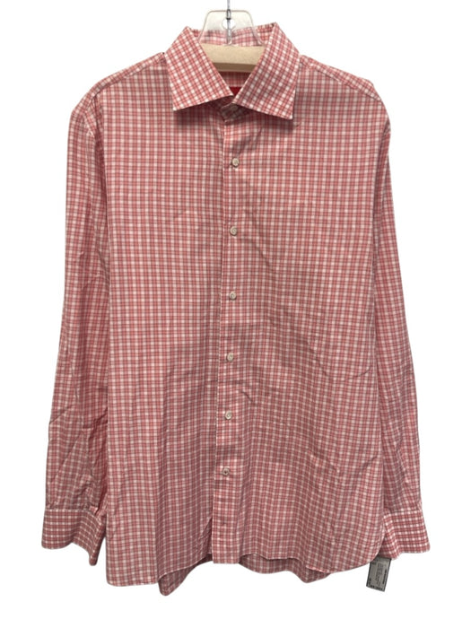 Isaia Size 16 Red & White Cotton Plaid Button Up Spread Collar Long Sleeve Shirt Red & White / 16