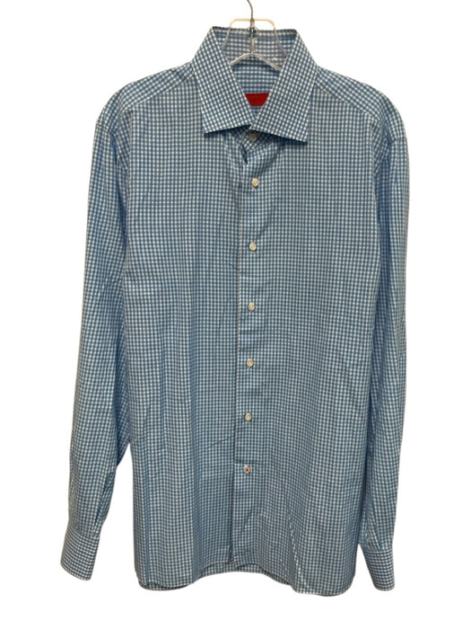 Isaia Size 16 Blue & White Cotton Plaid Button Up Men's Long Sleeve Shirt Blue & White / 16
