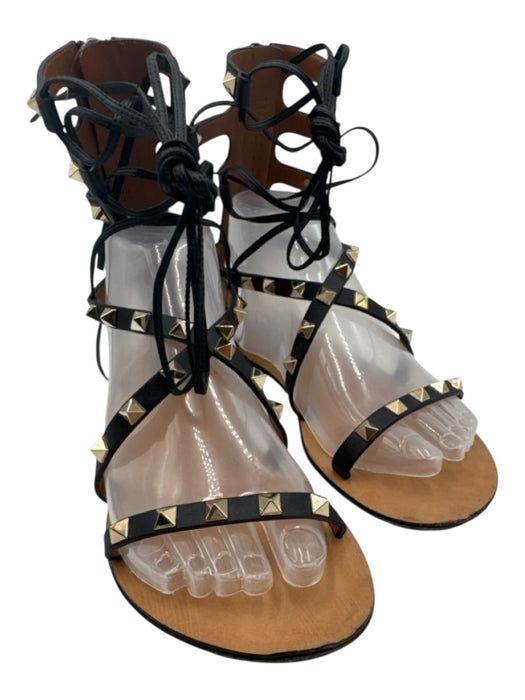 Valentino Shoe Size 38 Black & Silver Leather & Metal Gladiator Rockstud Sandals Black & Silver / 38