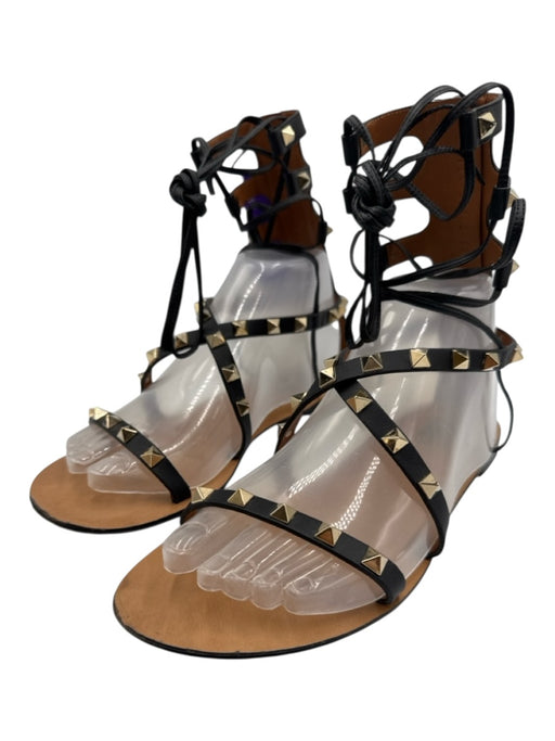 Valentino Shoe Size 38 Black & Silver Leather & Metal Gladiator Rockstud Sandals Black & Silver / 38