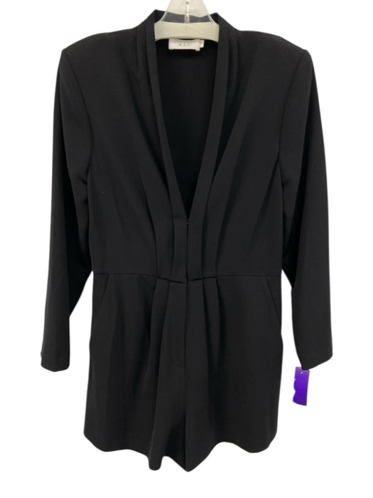 A.L.C. Size 10 Black Polyester Pintuck Hook & Eye V Neck Long Sleeve Romper Black / 10