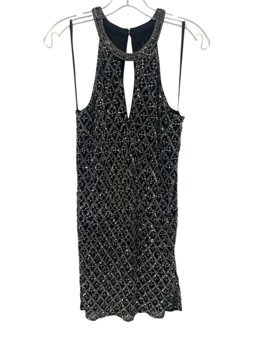 Parker Size 6 Black & Silver Rayon Blend Beaded High Round Neck Keyhole Dress Black & Silver / 6
