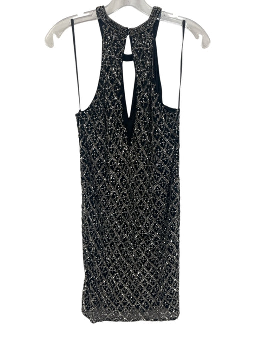 Parker Size 6 Black & Silver Rayon Blend Beaded High Round Neck Keyhole Dress Black & Silver / 6