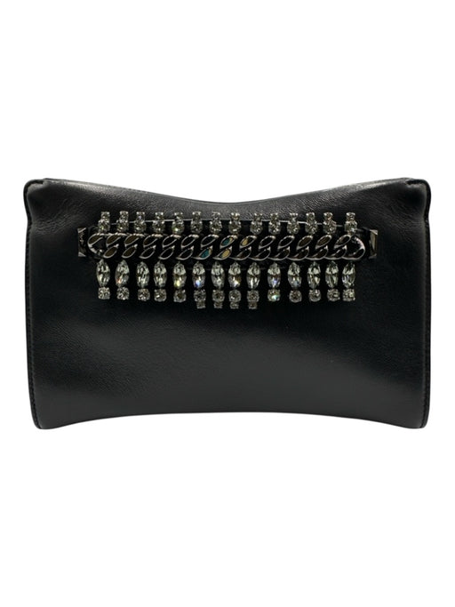 Jimmy Choo Black Leather Crystal Hand Strap Hinge Open Removable Chain Strap Bag Black