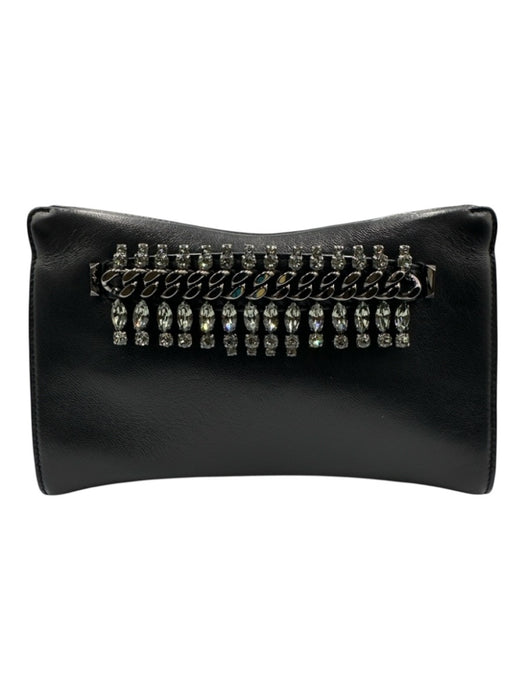 Jimmy Choo Black Leather Crystal Hand Strap Hinge Open Removable Chain Strap Bag Black