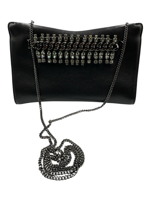 Jimmy Choo Black Leather Crystal Hand Strap Hinge Open Removable Chain Strap Bag Black