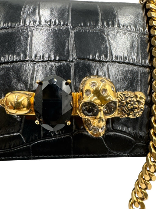 Alexander McQueen Black Leather Croc Embossed Brass Knuckle Flap Top Bag Black / Medium