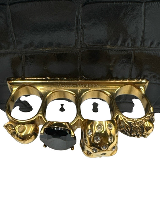 Alexander McQueen Black Leather Croc Embossed Brass Knuckle Flap Top Bag Black / Medium