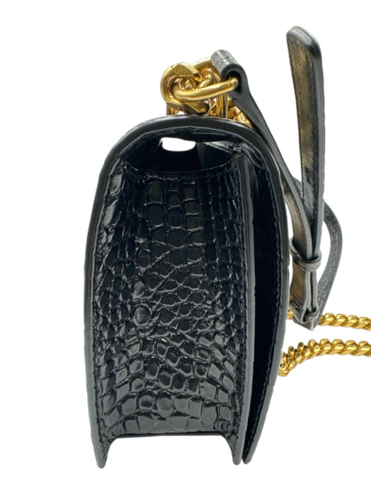 Alexander McQueen Black Leather Croc Embossed Brass Knuckle Flap Top Bag Black / Medium
