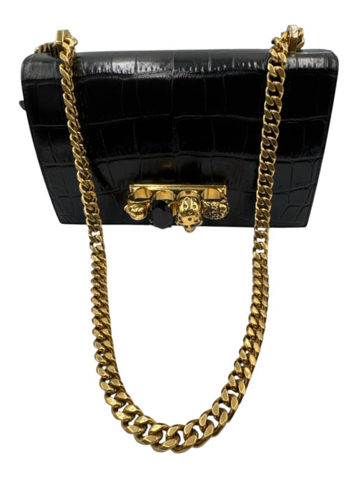 Alexander McQueen Black Leather Croc Embossed Brass Knuckle Flap Top Bag Black / Medium