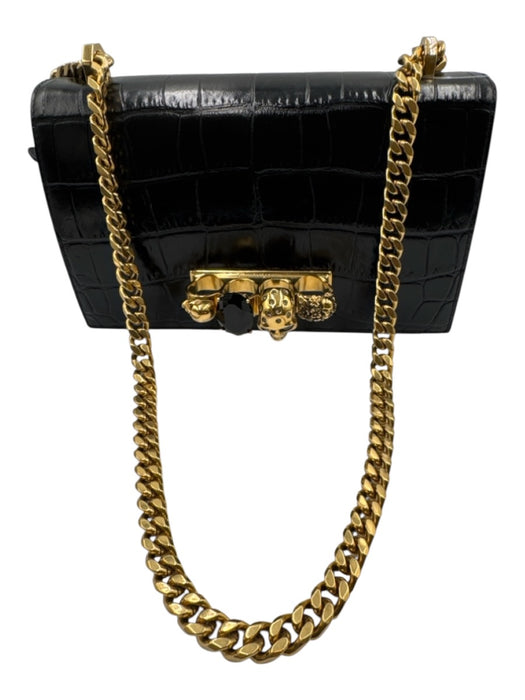 Alexander McQueen Black Leather Croc Embossed Brass Knuckle Flap Top Bag Black / Medium